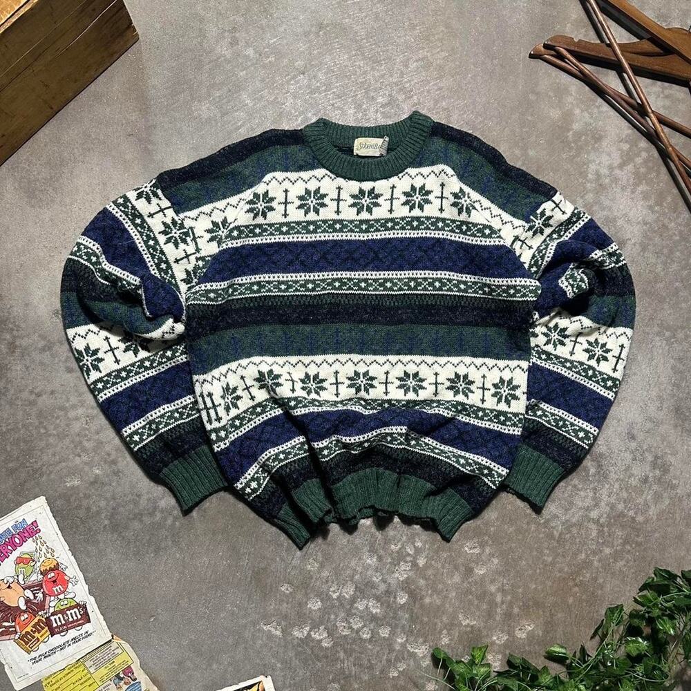 Vintage 90s St. John's Bay Acrylic Wool Sweater Mens XL Green White Sweatshirt
